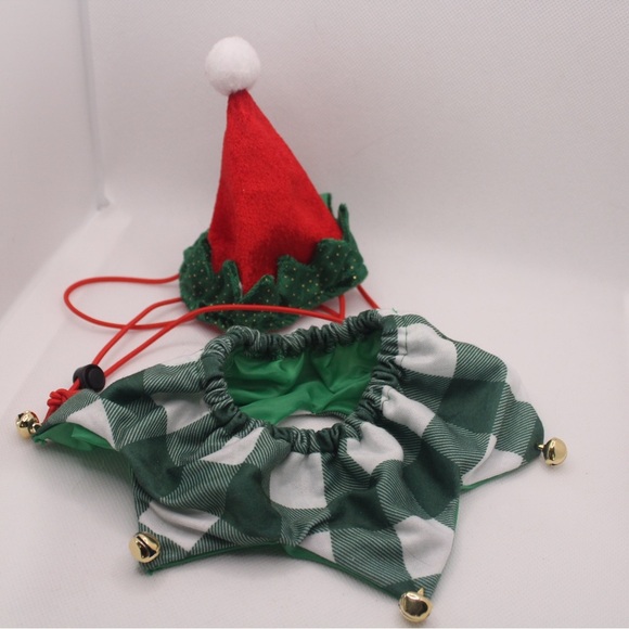 Festive Holiday Green and Red Elf Hat and Collar Set for Small Animals or Cats - Picture 1 of 3